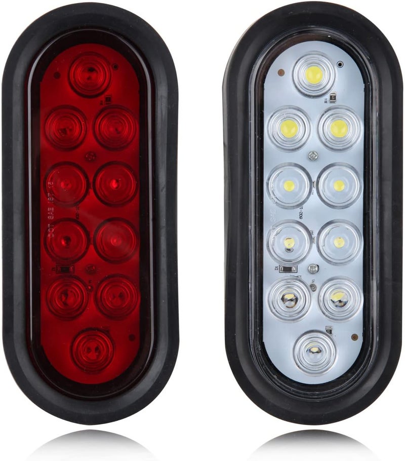 Partswcgg 6Pcs 6 Inch Oval LED Trailer Tail Lights 10 LED, 4 Red and 2 White 6" Oval Led Stop Turn Tail Lights Brake Reverse Back Up Trailer Lights w/Flush Mount Grommets Plugs Waterproof for RV Truck Bus 12V - Image 2